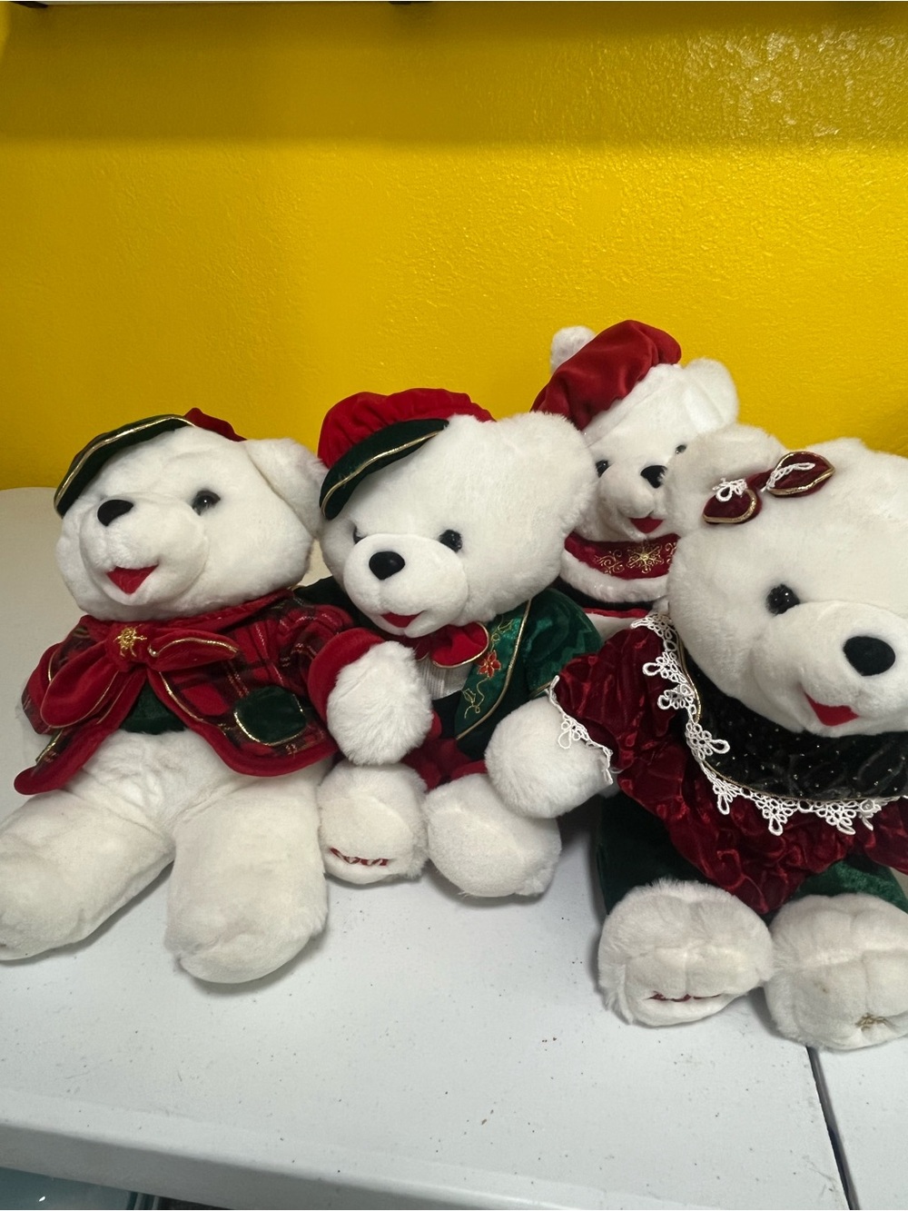 Festive White Plush Bear Trio in Red & Green Holiday Attire